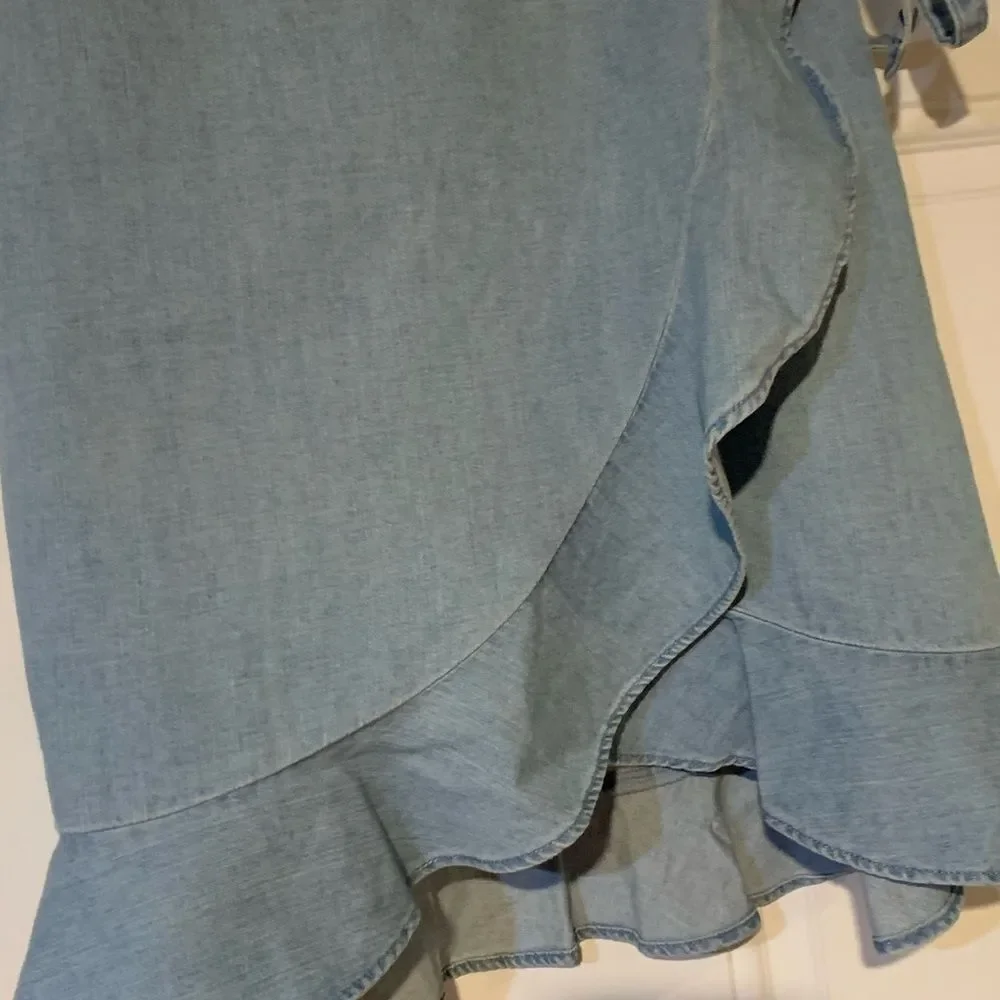 J Crew Mercantile Soft DenimBlue Mini Wrap Skirt with Ruffled Hem